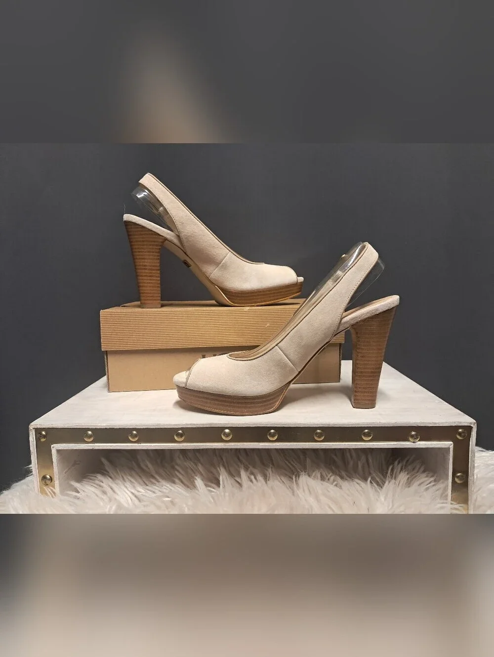 UGG Women's Open-Toe Slingback Heels in Beige Suede